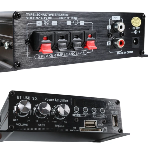 MAGICVOICE YW-406L 12 VOLT 100 WATT MOTOSİKLET BLUETOOTH AMFİ USB/SD 2 KANAL PAZARCI - ANFİ (154X80X42MM) - Resim 3