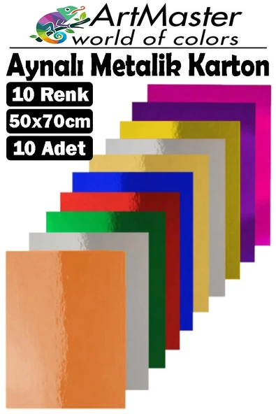 Aynalı Metalik Fon Kartonu 50x70 cm 10 Renk 1 Paket Dekoratif Pırıltılı Folyo Kağıt Okul Sınıf Renkli