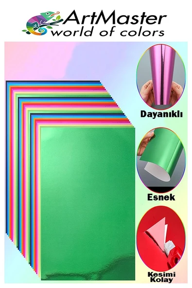 Aynalı Metalik Fon Kartonu 35x50 cm 10 Renk 1 Paket Dekoratif Pırıltılı Folyo Kağıt Okul Sınıf Renkli - 4