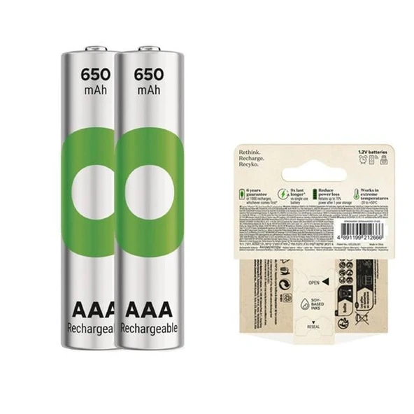 GP Recyko 650 Mah R03 AAA Şarjlı 2'li İnce Kalem Pil - Resim 3