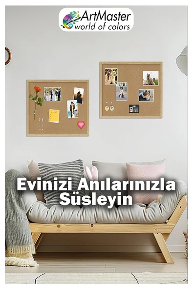 Mantar Pano Ahşap Çerçeve Duvara Monte 60x90 cm 1 Adet Harita Çivisi Hediyeli Dekorasyon Mantar Çerçeve Evde Okulda Büro - 4
