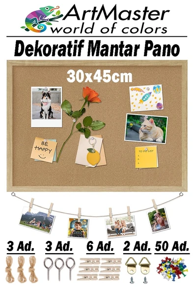 Mantar Pano Ahşap Çerçeve Duvara Monte 30x45 cm 1 Adet Harita Çivisi Hediyeli Dekorasyon Mantar Çerçeve Evde Okulda Büro