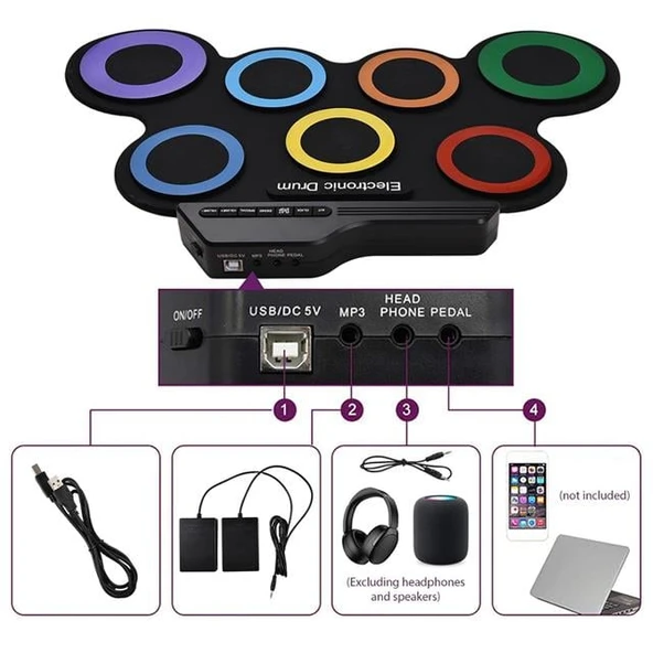 Magicvoice G3002R 7 Ped Gökkuşağı Renkli Elektronik Roll Up Davul Kiti - Resim 2