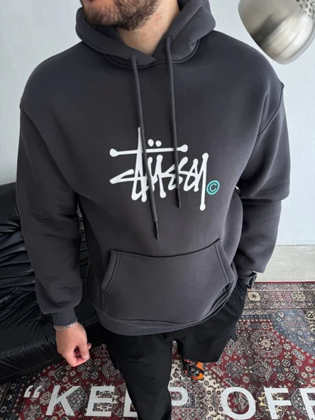 Üç İplik Kapşonlu Baskılı SweatShirt - Füme ürün görseli 1