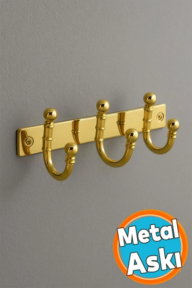 Metal 3'lü Askı Birleşik Vestiyer Duvar Monteli Askı Dolap Askılığı Vidalı Gold Elbise Askısı 1 Adet ürün görseli