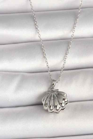 HEYF 316L Çelik Gümüş Renk Zincir Açılır İncili Midye Model Kadın Kolye ürün görseli 1