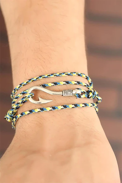 HEYF Sarı Mavi Çizgi Desenli Gümüş Renk Metal Kancalı Erkek Bileklik - Resim 2
