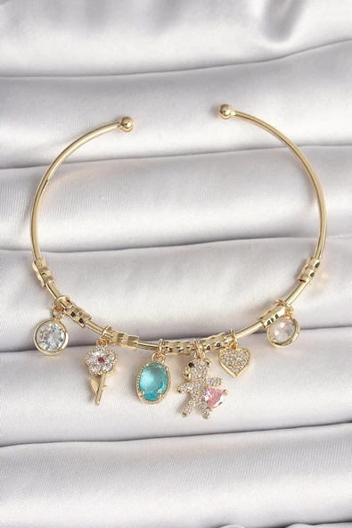 HEYF Pirinç Gold Renk Sallantı Zirkon Taşlı AYıcık Figür Kalp Detay Charm Kadın Bileklik ürün görseli 1