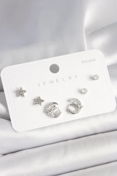 HEYF 925 Ayar Gümüş Çivi Zirkon Taşlı Hilal Yıldız Model Kadın Küpe Seti ürün görseli 1