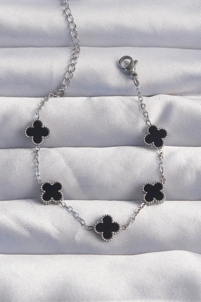 HEYF 316L Çelik Baby Boy Gümüş Renk Siyah Mineli Yonca Bileklik ürün görseli 1