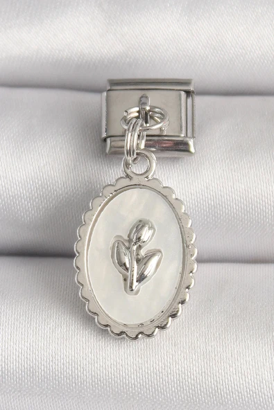 HEYF 316L Çelik Gümüş Renk Beyaz Mineli Çiçek İşlemeli Nomination Charm ürün görseli 1