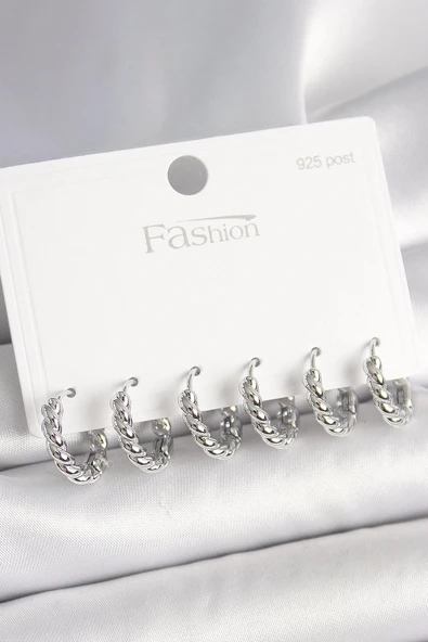 HEYF 925 Ayar Gümüş Çivi Pirinç Gümüş Renk Sarmal Halka Model Kadın Küpe Seti ürün görseli 1