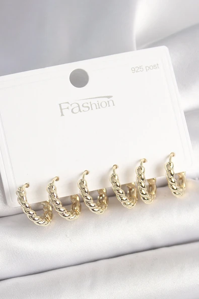 HEYF 925 Ayar Gümüş Çivi Pirinç Gold Renk Sarmal Halka Model Kadın Küpe Seti ürün görseli 1