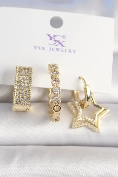 HEYF Pirinç Gold Renk Zirkon Taşlı Yıldız Figür Halka Model 3'Lü Kadın Kombin Küpe ürün görseli 1