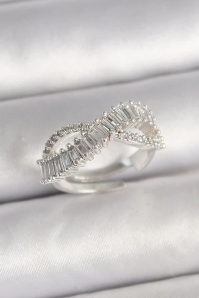 HEYF Pirinç Gümüş Renk Su Yolu Zirkon Taşlı Sonsuzluk Model Ayarlanabilir Kadın Yüzük ürün görseli 1