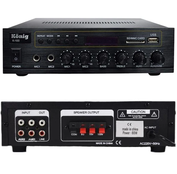 König K-100 USB-SD-Bluetooth Destekli 2 Mik. Giriş 8 Ohm 100/70v 80 Watt Trafolu Anfi - Resim 3