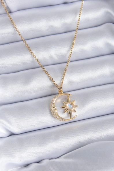 HEYF 316L Çelik Gold Renk Zirkon Taşlı Ay Yıldız Model Kadın Kolye ürün görseli 1