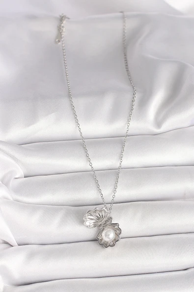 HEYF 316L Çelik Gümüş Renk Zincir Açılır İncili Midye Model Kadın Kolye - Resim 3