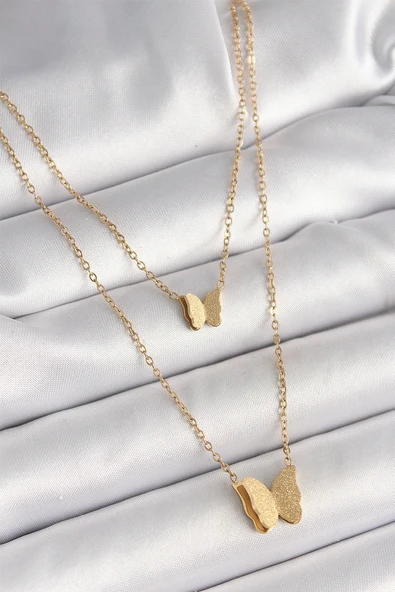 HEYF 316L Çelik Gold Renk 2'Li Simli Kelebek Model Kadın Kolye ürün görseli 1