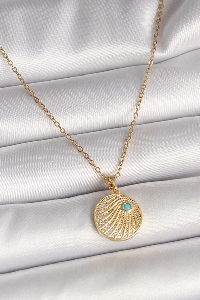 HEYF 316L Çelik Gold Renk Zincir Zirkon Taş İşlemeli Mavi Taş Detaylı Madalyon Model Kadın Kolye ürün görseli 1