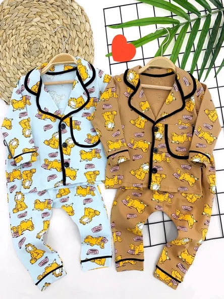 9-12-18-24 Ay Garfield Baskılı Düğme Kapamalı 2li Kız Erkek Bebek Pijama Takımı Mavi ürün görseli 1