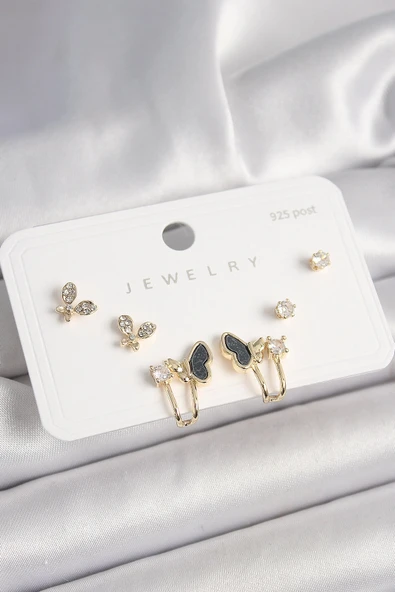 HEYF 925 Ayar Gümüş Çivi Pirinç Zirkon Taşlı Kelebek Model Kadın Küpe Seti ürün görseli 1