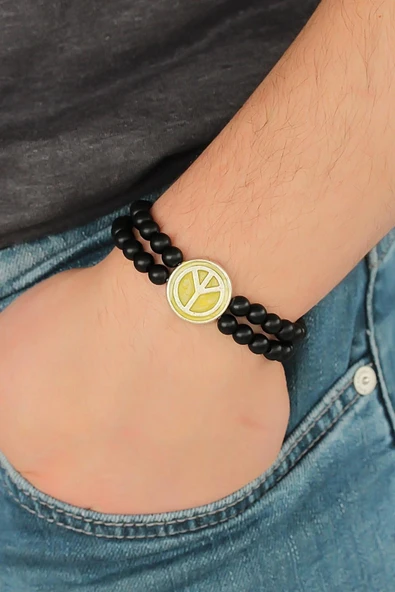 HEYF Sarı Metal Barış Simgesi Tasarımlı Siyah Renk Mat Oniks Doğal Taş Erkek Bileklik ürün görseli 1