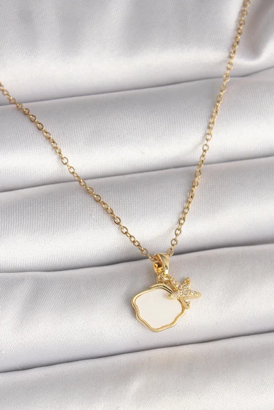 HEYF 316L Çelik Gold Renk Zincir Sallantı Beyaz Mineli Deniz Kabuğu Zirkon Taşlı Deniz Yıldızı Figür Kadın Kolye ürün görseli 1