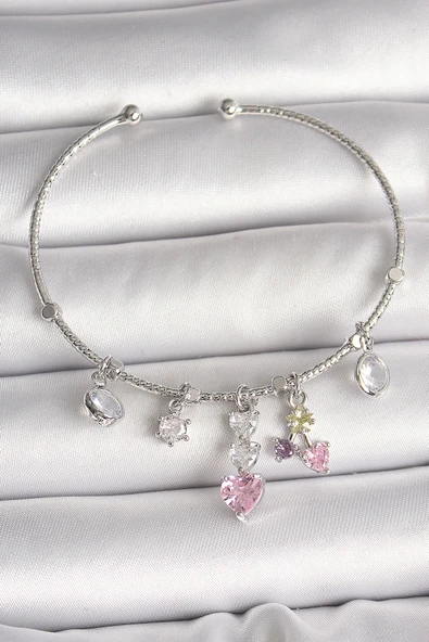 HEYF Pirinç Gümüş Renk Sallantı Zirkon Taşlı Kalp Figür Charm Kadın Bileklik ürün görseli 1