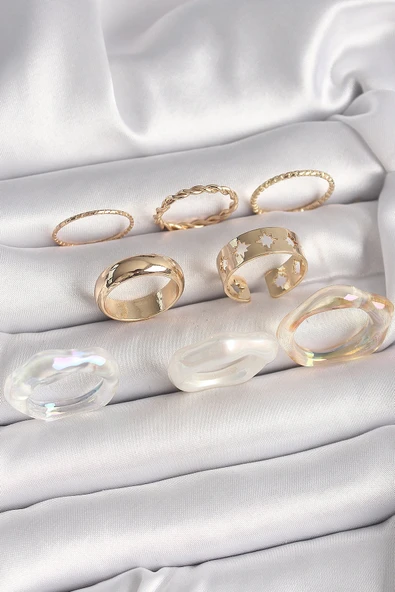 HEYF Pirinç Gold Renk Beyaz Akrilik Plastik Modek Kutup Yıldız İşleme Detay Kadın Yüzük Kombini ürün görseli 1