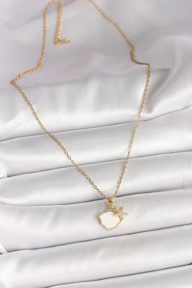 HEYF 316L Çelik Gold Renk Zincir Sallantı Beyaz Mineli Deniz Kabuğu Zirkon Taşlı Deniz Yıldızı Figür Kadın Kolye - Resim 2