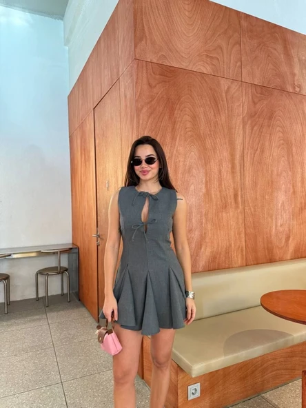 Bağcık Detaylı Kolsuz Mini Elbise - Antrasit - Resim 2