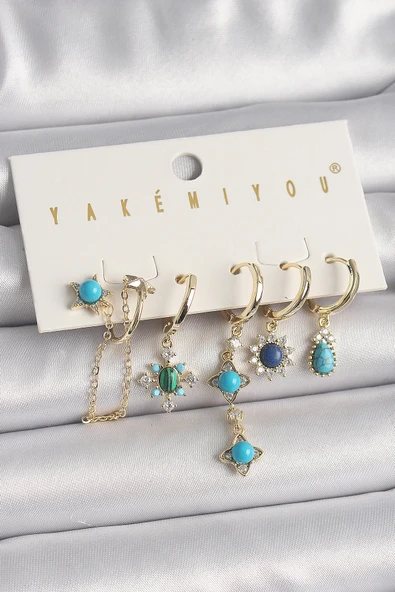 HEYF Pirinç Gold Renk Zirkon Taşlı Mavi Boncuklu Çiçek Model VIP Seri Kadın Küpe Kombini ürün görseli 1