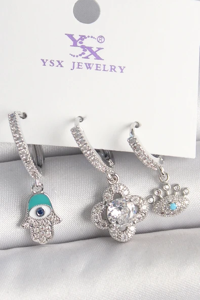 HEYF Pirinç Gümüş Renk Zirkon Taşlı Fatma Ana Yonca Figür Göz Detay 3'Lü Kadın Kombin Küpe ürün görseli 1