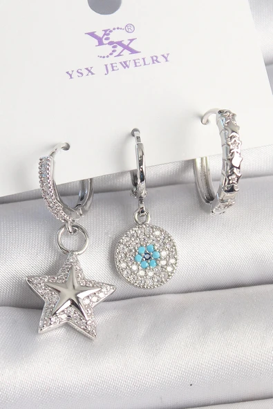 HEYF Pirinç Gold Renk Zirkon Taşlı Yıldız Model Nazar Boncuk Detay 3'Lü Kadın Kombin Küpe ürün görseli 1