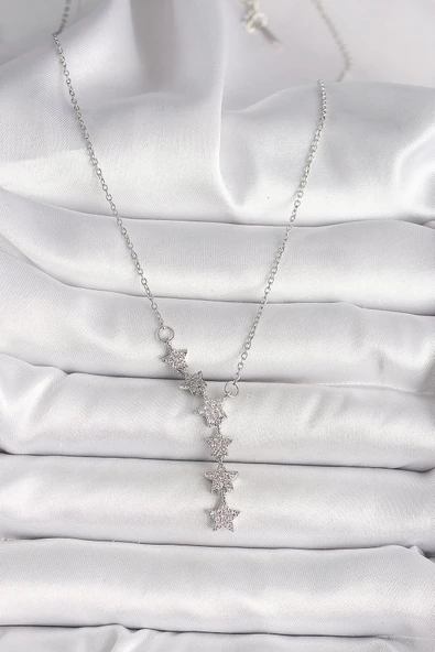 HEYF 316L Çelik Gümüş Renk Zincir Zirkon Taşlı Yıldız Model Kadın Kolye - Resim 2