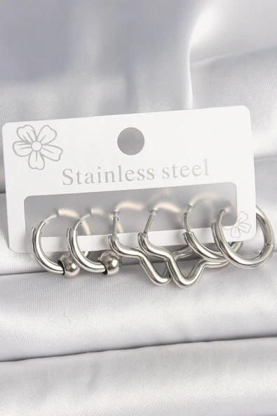 HEYF 316L Çelik Gümüş Renk Halka Yıldız Model Kadın Küpe Seti ürün görseli 1