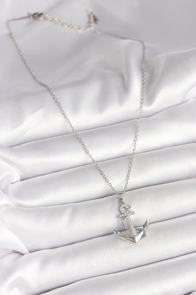 HEYF 316L Çelik Gümüş Renk Zincir Zirkon Taş Detaylı Çapa Model Kadın Kolye - Resim 2