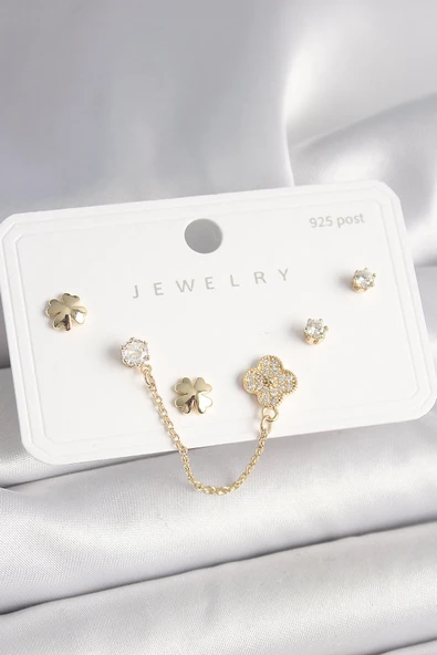 HEYF 925 Ayar Gümüş Çivi Pirinç Gold Renk Zirkon Taşlı Yonca Model Sallantı Zincir Detay Kadın Küpe Seti ürün görseli 1