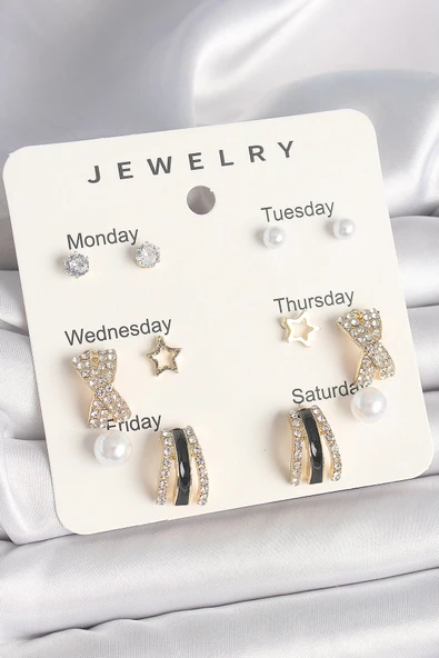 HEYF Pirinç Gold Renk Zirkon Taş Yıldız Detaylı İncili 7'Li Set Kadın Küpe Seti ürün görseli 1