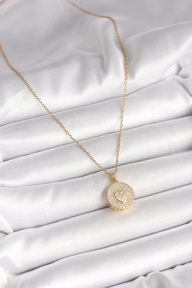 HEYF 316L Çelik Gold Renk Zincir Madalyon Zirkon Taşlı Kalp Model Kadın Kolye - Resim 2