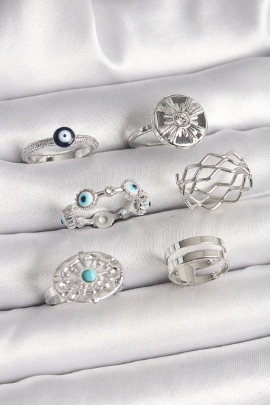 HEYF Pirinç Gümüş Renk Nazar Boncuk Zirkon Taş Detaylı Dalga Figür Kadın Yüzük Kombini ürün görseli 1