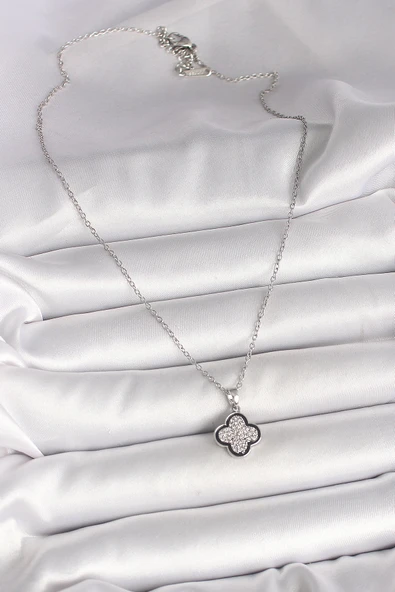 HEYF 316L Çelik Gümüş Renk Zincir Zirkon Taşlı Yonca Model Kadın Kolye - Resim 2