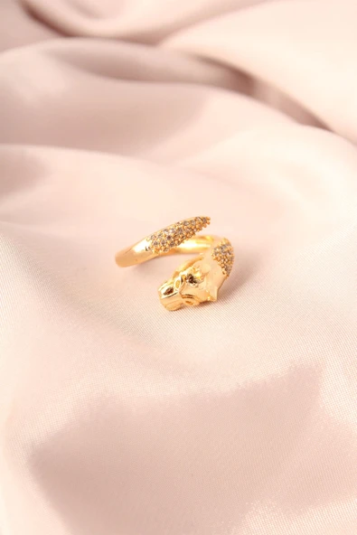 HEYF Gold Renk Metal Zirkon Taşlı Kaplan Model Ayarlanabilir Kadın Yüzük ürün görseli 1