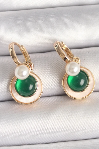 HEYF Pirinç Gold Renk Beyaz Yeşil Sallantı Mineli Kadın Küpe ürün görseli 1