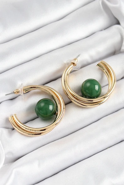 HEYF Pirinç Gold Renk Halka Model Yeşil Boncuk Detay Kadın Küpe - Resim 2