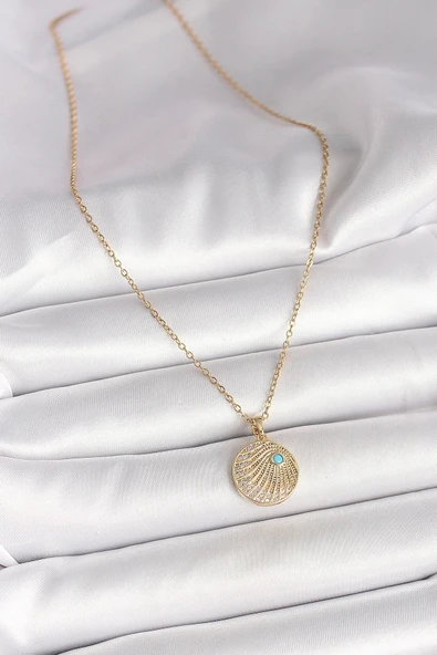 HEYF 316L Çelik Gold Renk Zincir Zirkon Taş İşlemeli Mavi Taş Detaylı Madalyon Model Kadın Kolye - Resim 2