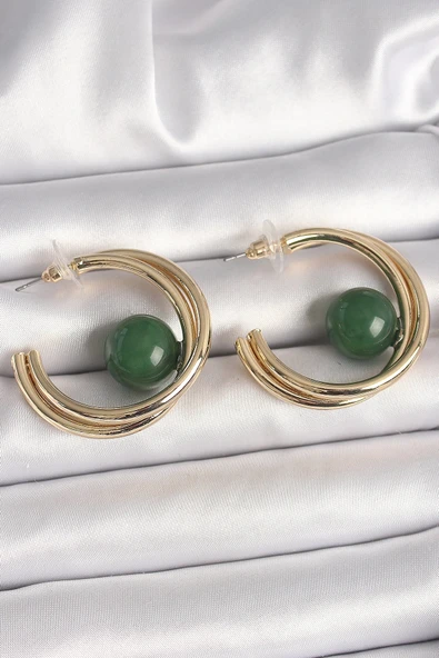 HEYF Pirinç Gold Renk Halka Model Yeşil Boncuk Detay Kadın Küpe ürün görseli 1