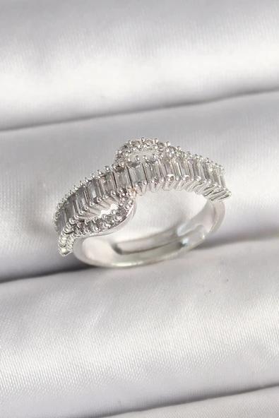 HEYF Pirinç Gümüş Renk Su Yolu Zirkon Taşlı Ayarlanabilir Model Kadın Yüzük ürün görseli 1