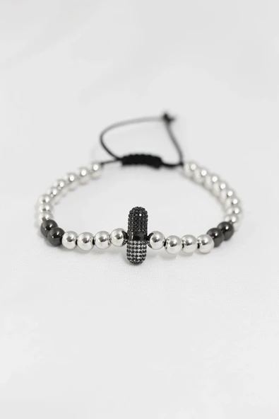 HEYF Füme Gümüş Renk Çelik Zirkon Objeli Asansörlü Bileklik ürün görseli 1